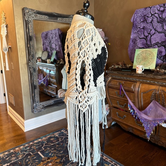 Boho Fringe Sweater - Black and Cream Handmade Original GoodVibeGoda Piece - Picture 5 of 16